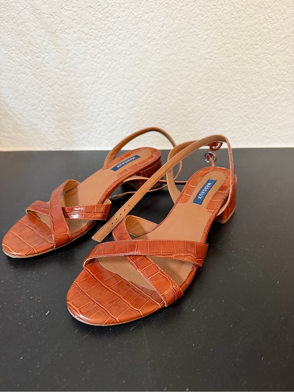 Margaux Lena Brown Croc-Embossed Strappy Sandals